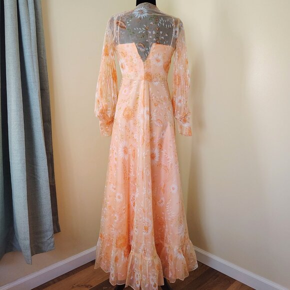 Vintage 70s Orange Sherbet Floral Chiffon Maxi Dress w/ Poet Sleeve Bolero - Picture 3 of 9
